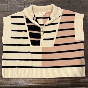 Entro Block Stripe Top Short Sleeve Tan Beige and Black Relaxed Fit Ribbed S